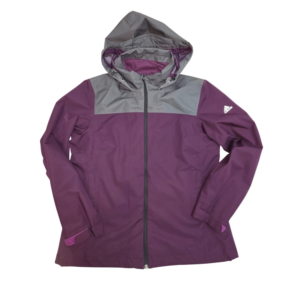 Adidas Womens XL Purple Grey Hooded Rain Jacket Full Zip Windbreaker Coat